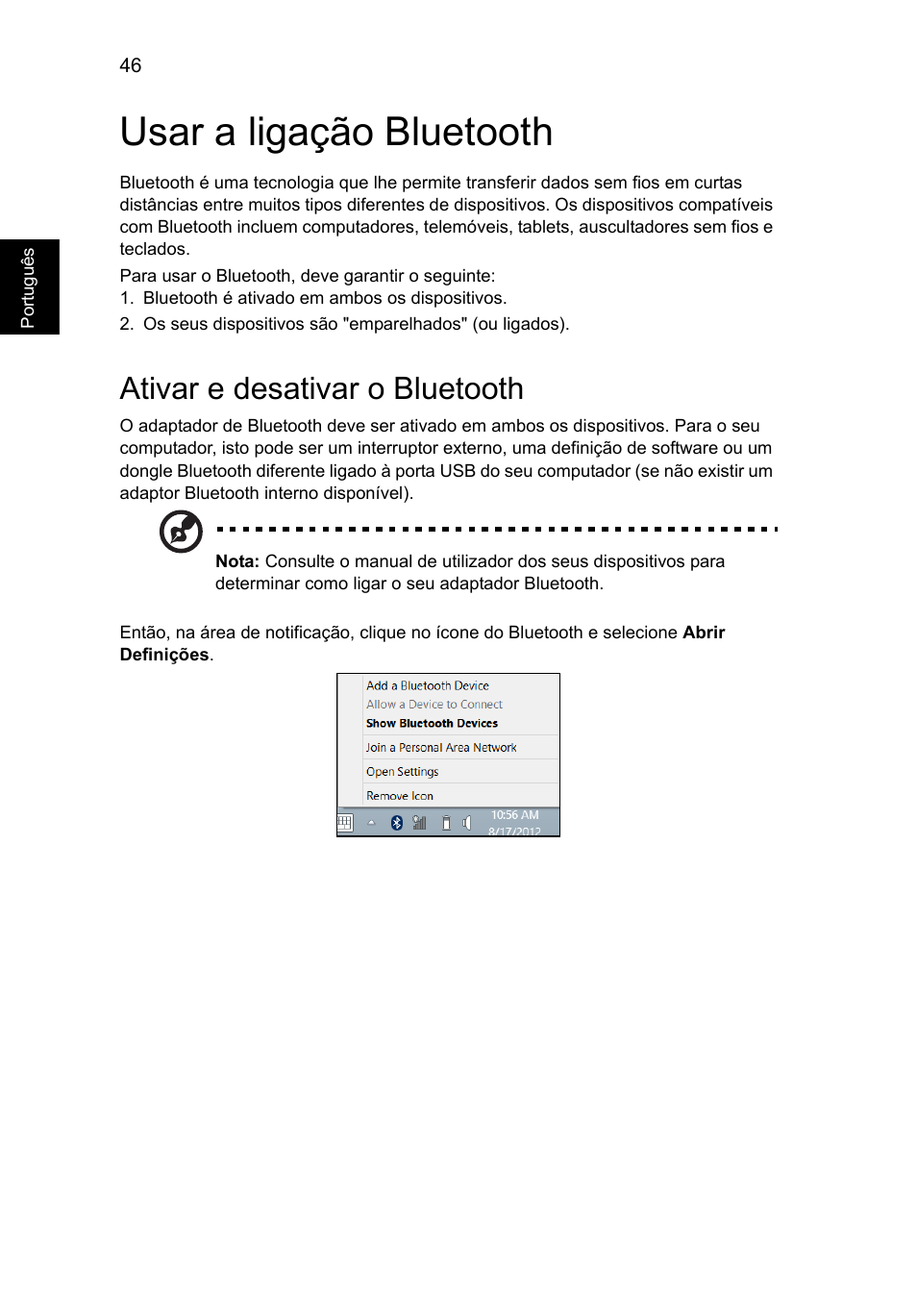 Usar a ligação bluetooth, Ativar e desativar o bluetooth | Acer Aspire V5-571G User Manual | Page 494 / 2484