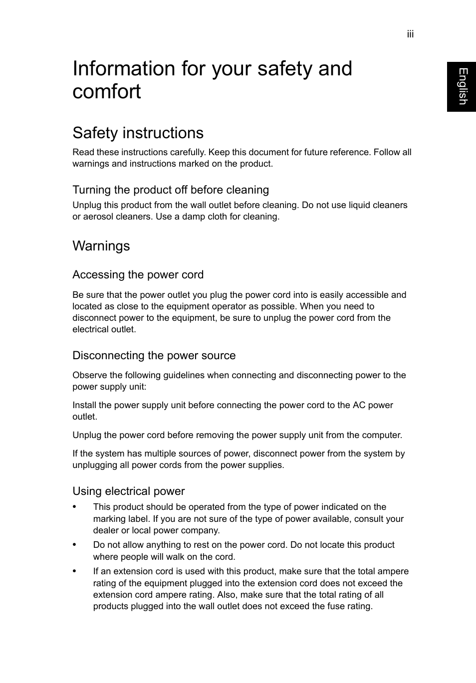 Information for your safety and comfort, Safety instructions, Warnings | Acer Aspire V5-571G User Manual | Page 5 / 2484