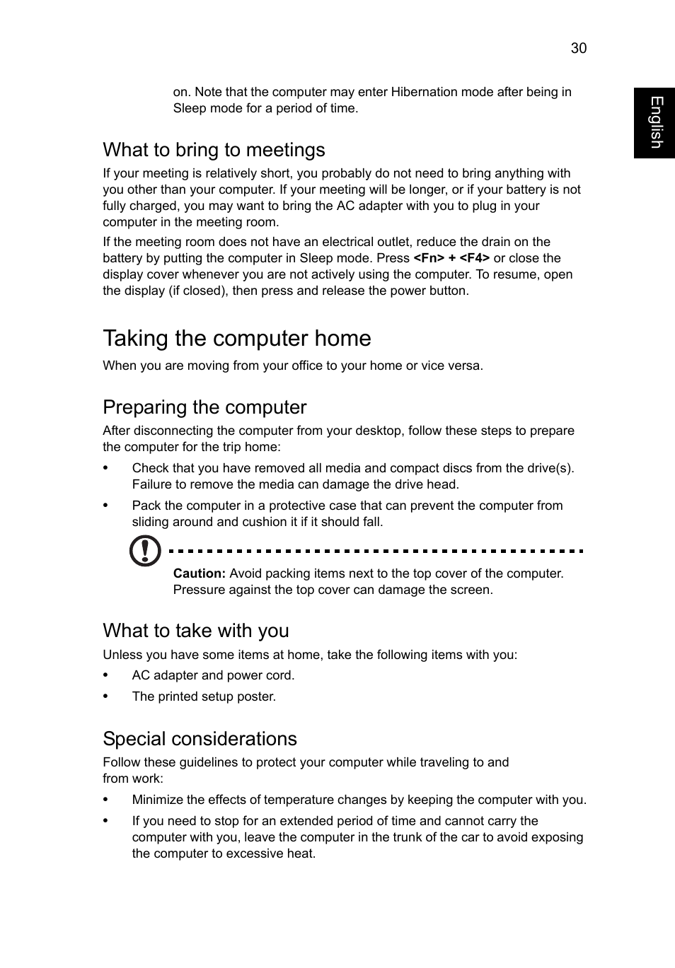 Taking the computer home, What to bring to meetings, Preparing the computer | What to take with you, Special considerations | Acer Aspire V5-571G User Manual | Page 51 / 2484