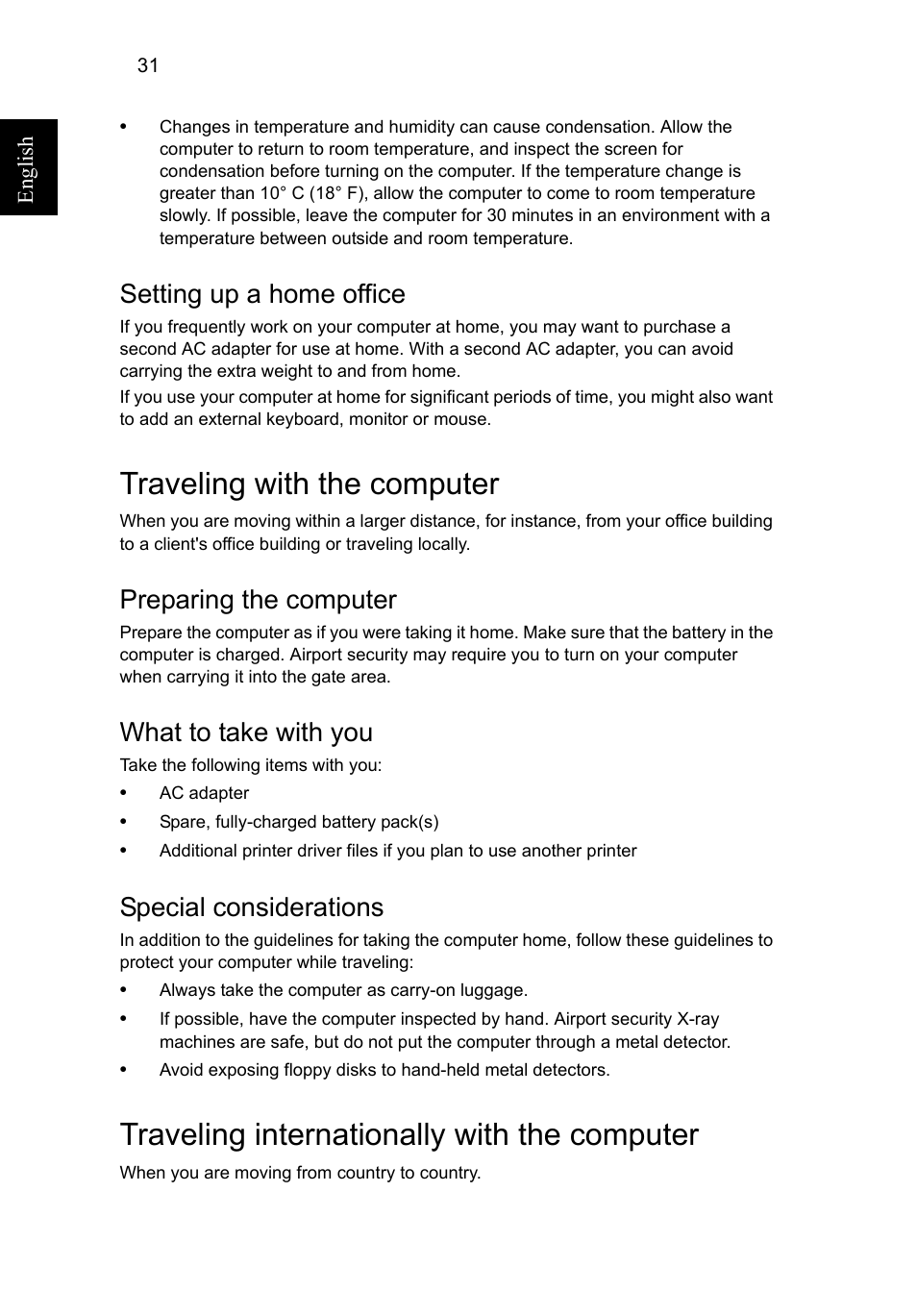 Traveling with the computer, Traveling internationally with the computer, Setting up a home office | Preparing the computer, What to take with you, Special considerations | Acer Aspire V5-571G User Manual | Page 52 / 2484