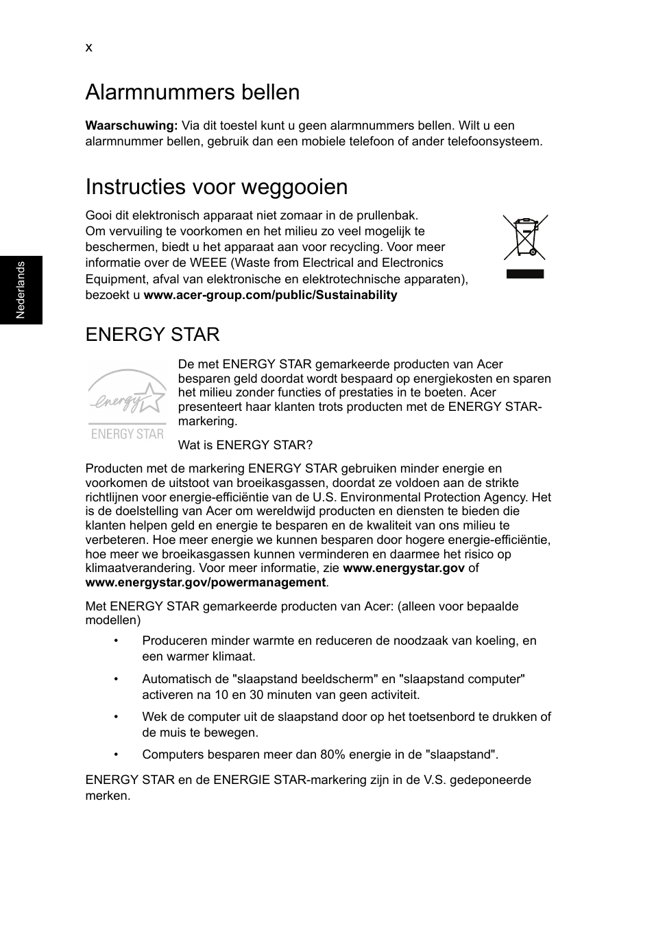Alarmnummers bellen, Instructies voor weggooien, Energy star | Acer Aspire V5-571G User Manual | Page 522 / 2484