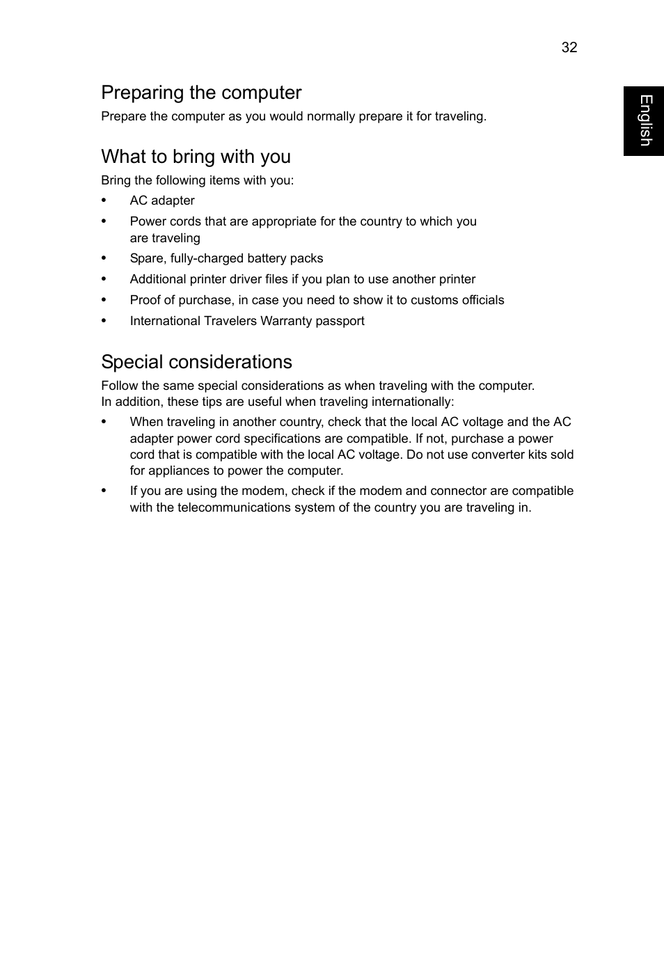 Preparing the computer, What to bring with you, Special considerations | Acer Aspire V5-571G User Manual | Page 53 / 2484