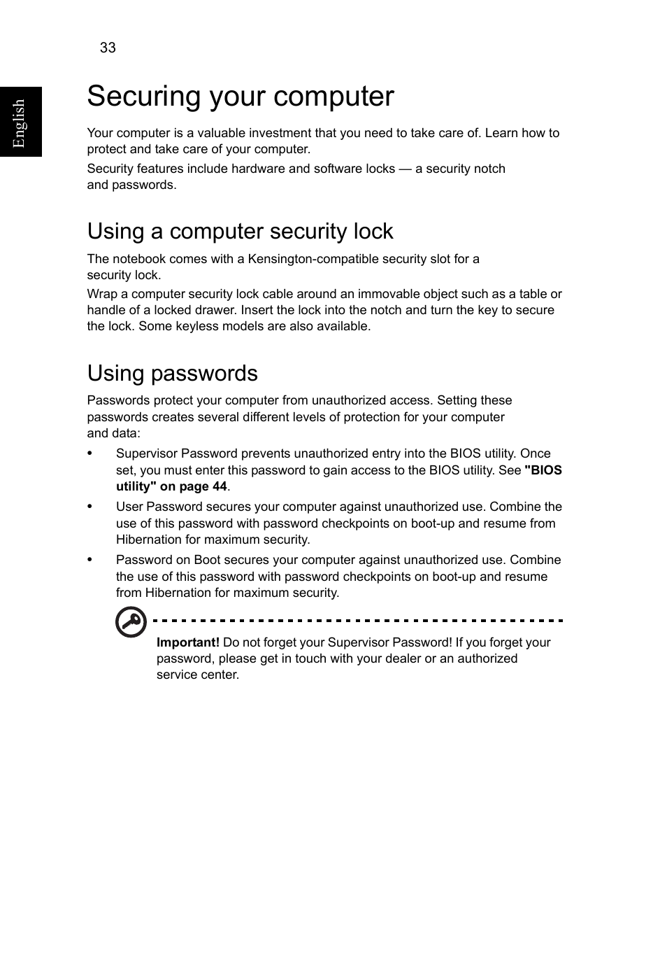 Securing your computer, Using a computer security lock, Using passwords | Acer Aspire V5-571G User Manual | Page 54 / 2484