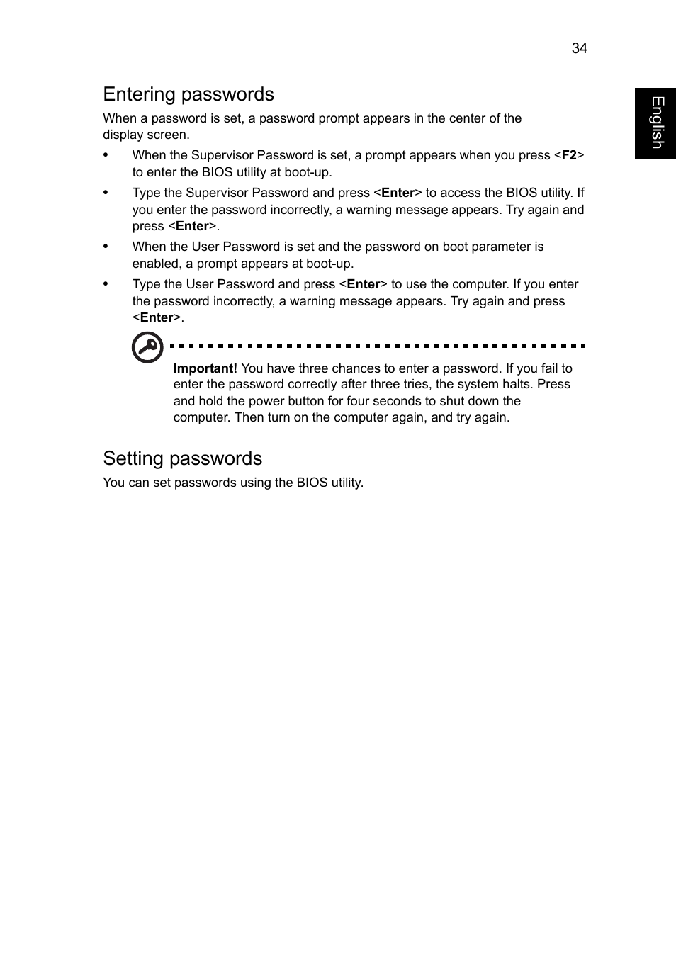 Entering passwords, Setting passwords | Acer Aspire V5-571G User Manual | Page 55 / 2484