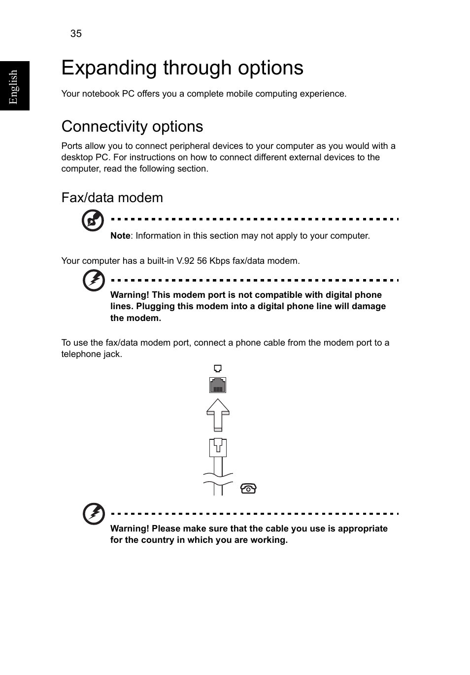 Expanding through options, Connectivity options, Fax/data modem | Acer Aspire V5-571G User Manual | Page 56 / 2484