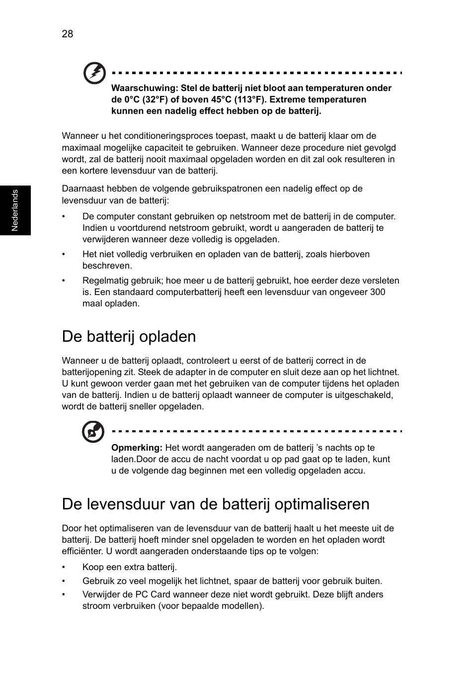 De batterij opladen, De levensduur van de batterij optimaliseren | Acer Aspire V5-571G User Manual | Page 560 / 2484