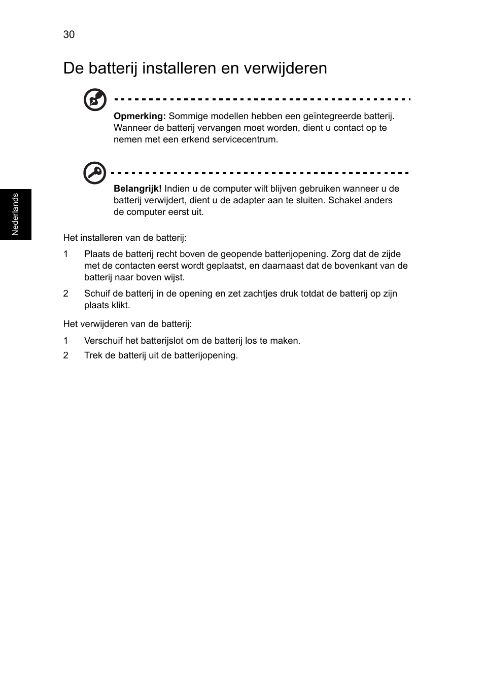 De batterij installeren en verwijderen | Acer Aspire V5-571G User Manual | Page 562 / 2484