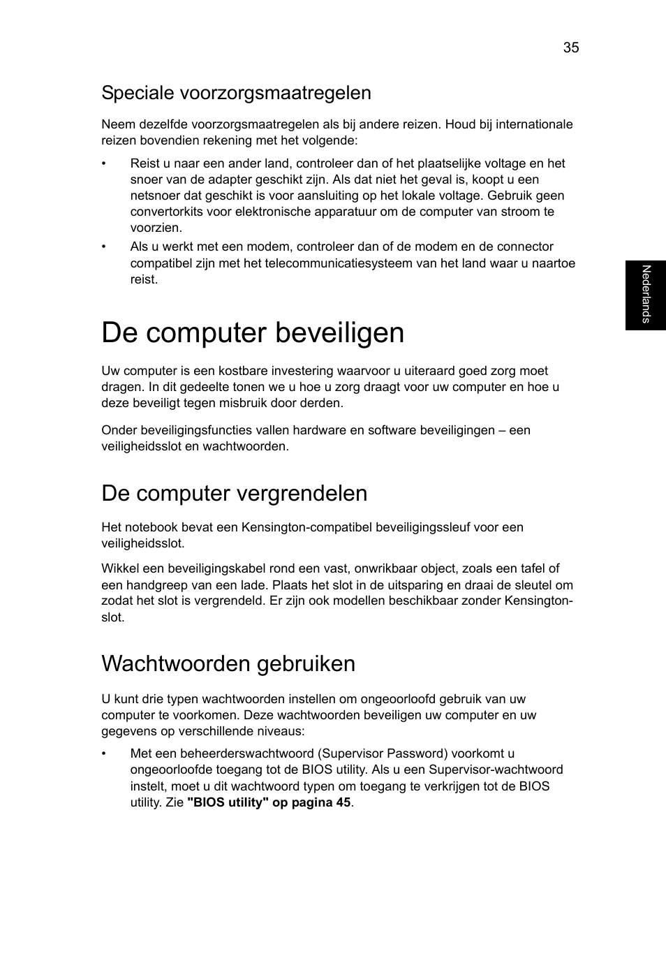 De computer beveiligen, De computer vergrendelen, Wachtwoorden gebruiken | Speciale voorzorgsmaatregelen | Acer Aspire V5-571G User Manual | Page 567 / 2484