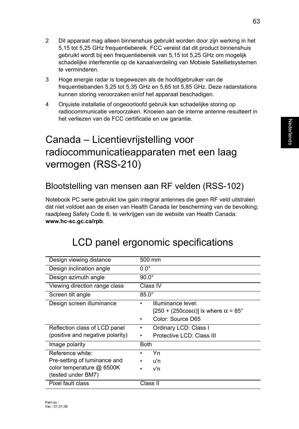 Lcd panel ergonomic specifications, Blootstelling van mensen aan rf velden (rss-102) | Acer Aspire V5-571G User Manual | Page 595 / 2484