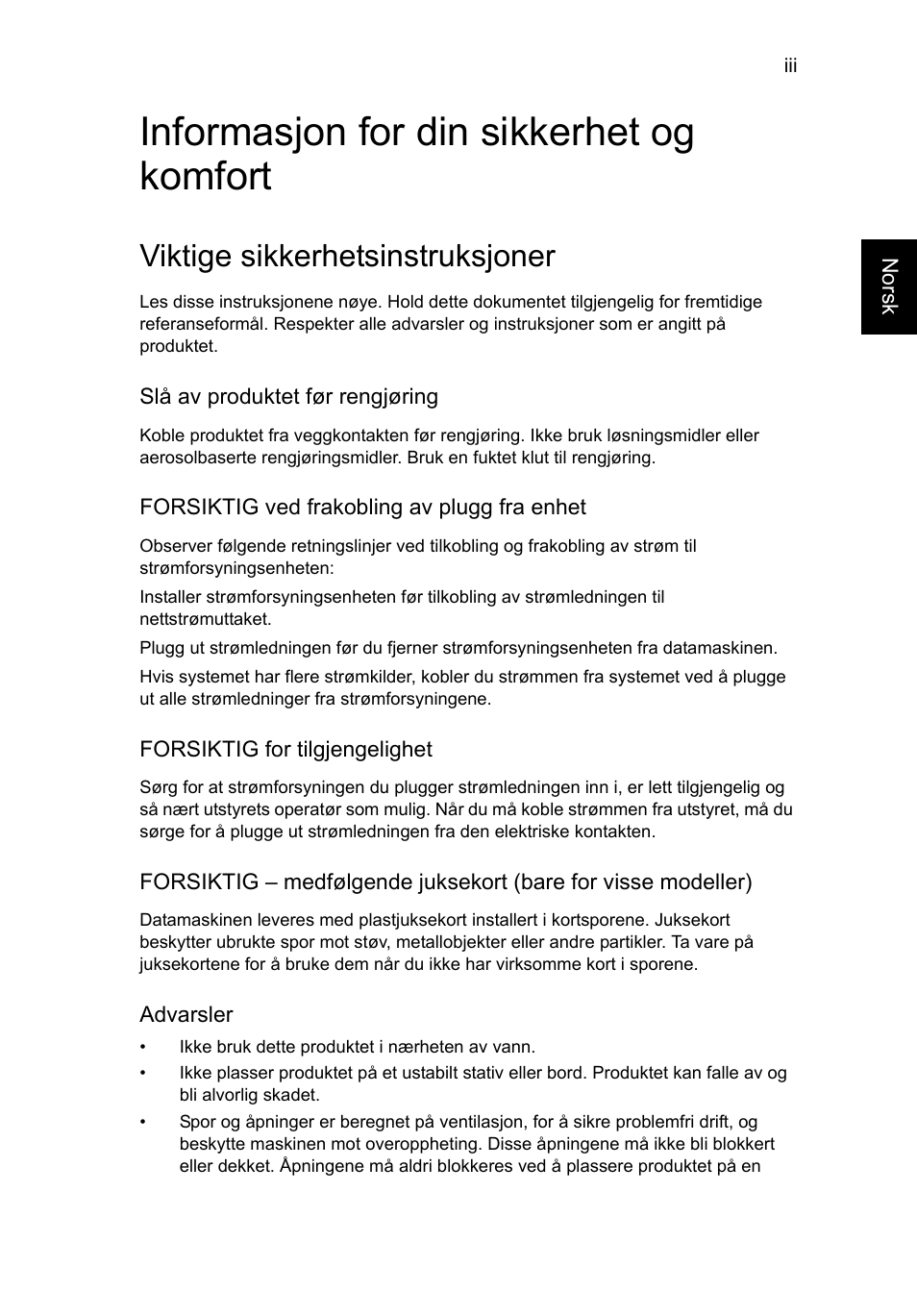 Informasjon for din sikkerhet og komfort, Viktige sikkerhetsinstruksjoner | Acer Aspire V5-571G User Manual | Page 599 / 2484