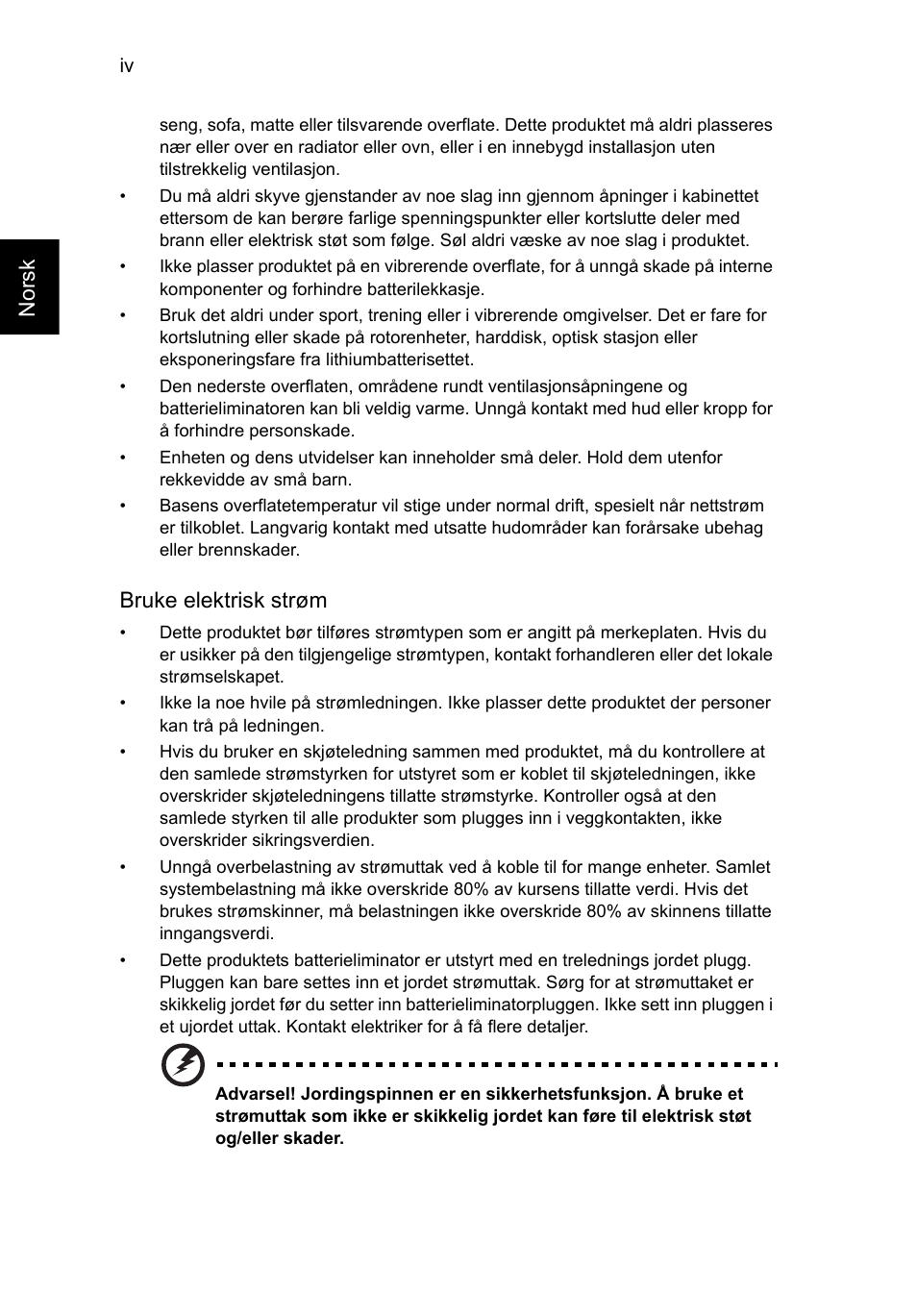 Norsk, Bruke elektrisk strøm | Acer Aspire V5-571G User Manual | Page 600 / 2484