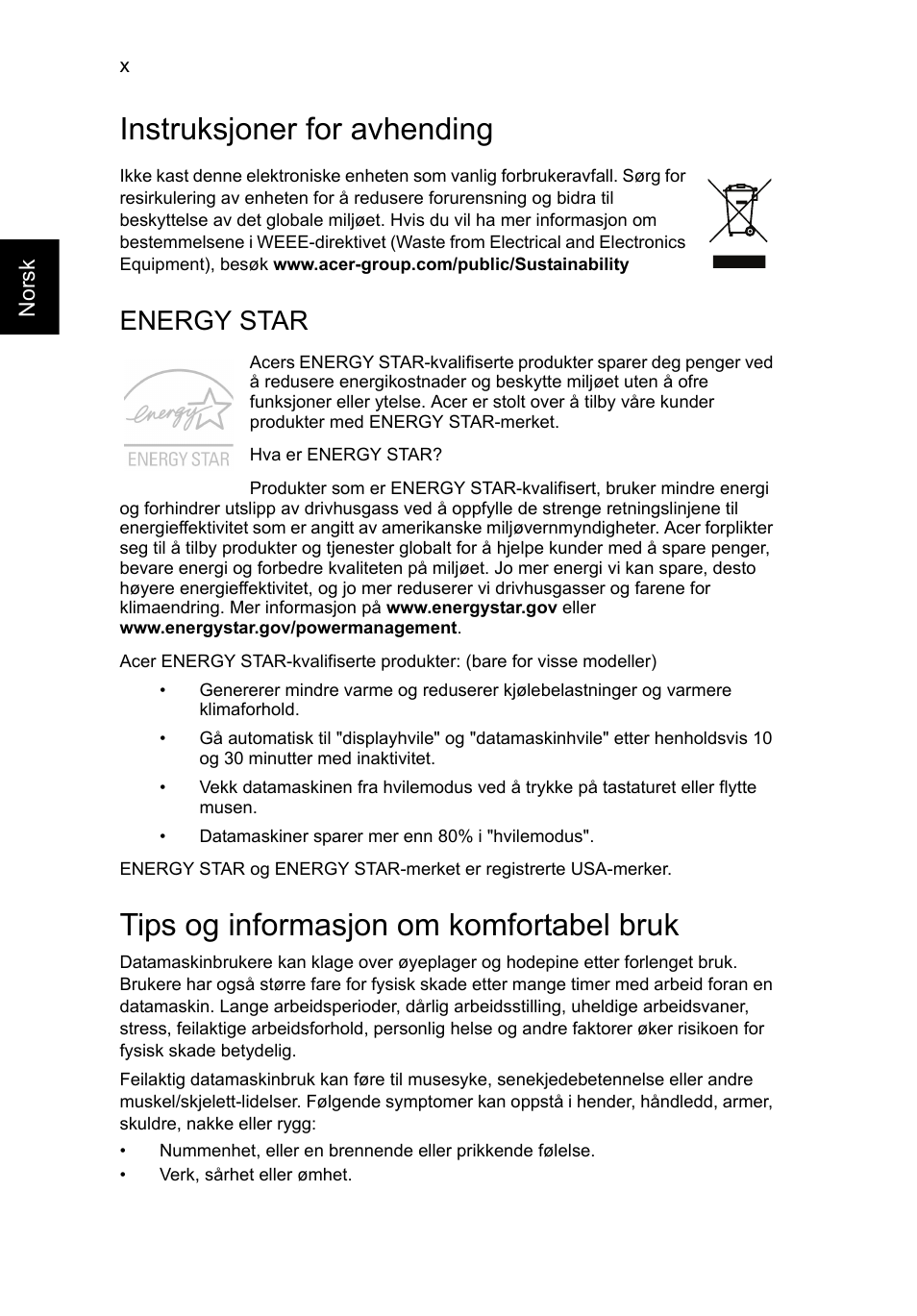 Instruksjoner for avhending, Tips og informasjon om komfortabel bruk, Energy star | Acer Aspire V5-571G User Manual | Page 606 / 2484