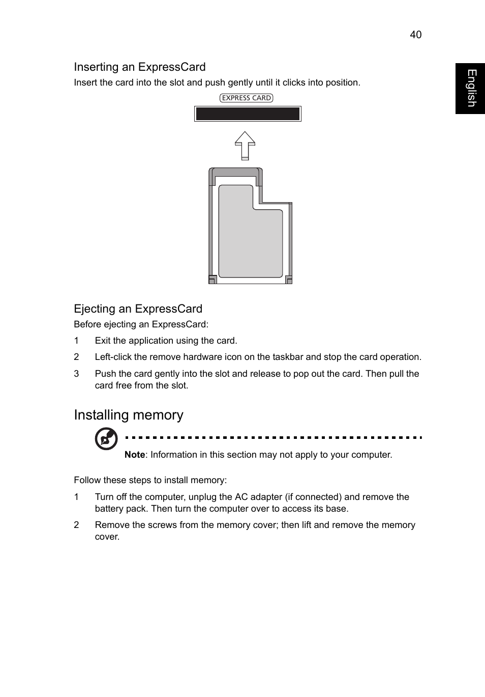 Installing memory | Acer Aspire V5-571G User Manual | Page 61 / 2484