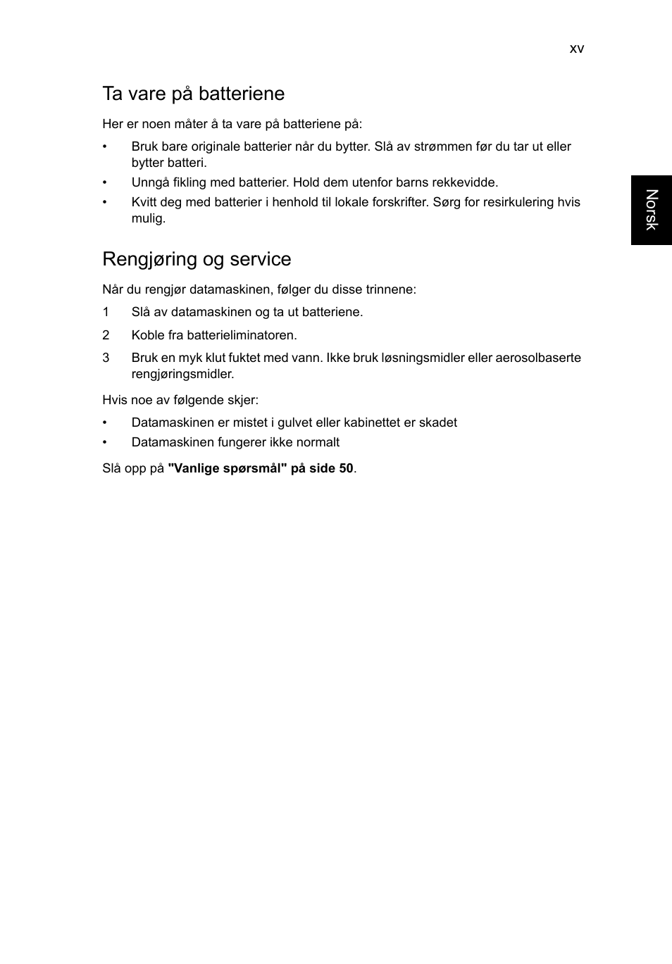 Ta vare på batteriene, Rengjøring og service | Acer Aspire V5-571G User Manual | Page 611 / 2484