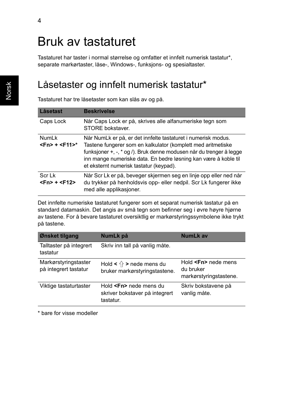 Bruk av tastaturet, Låsetaster og innfelt numerisk tastatur | Acer Aspire V5-571G User Manual | Page 620 / 2484