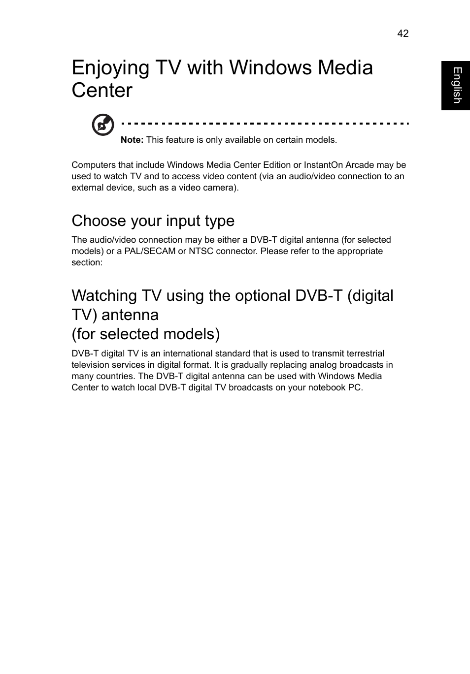 Enjoying tv with windows media center, Choose your input type, For selected models) | Acer Aspire V5-571G User Manual | Page 63 / 2484