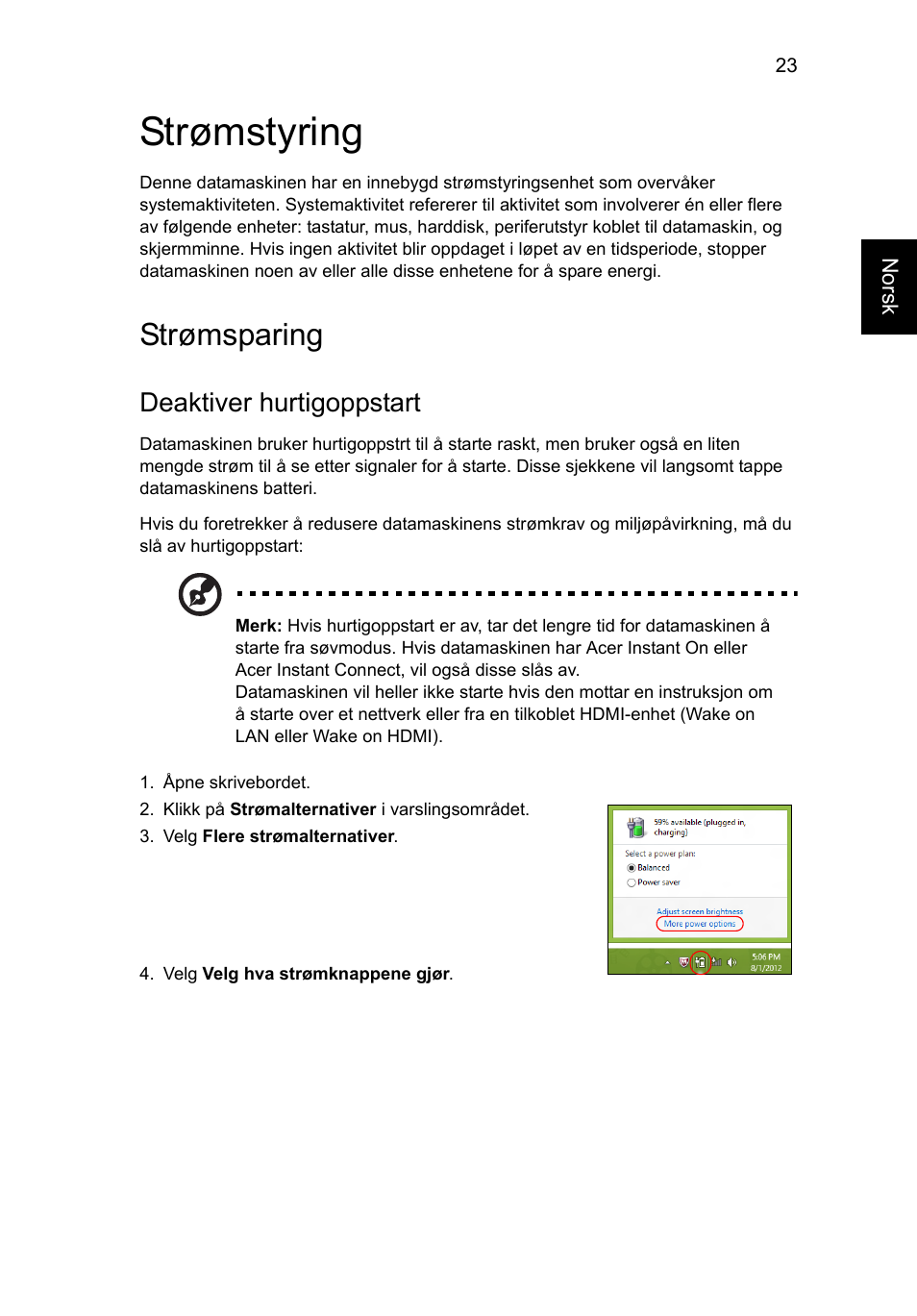 Strømstyring, Strømsparing, Deaktiver hurtigoppstart | Acer Aspire V5-571G User Manual | Page 639 / 2484