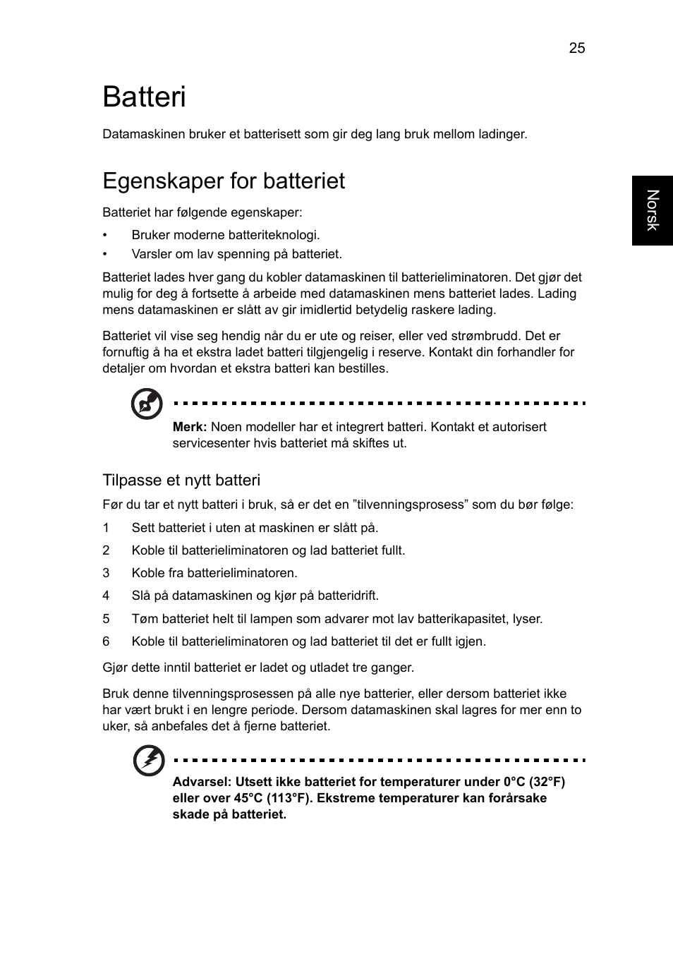 Batteri, Egenskaper for batteriet | Acer Aspire V5-571G User Manual | Page 641 / 2484