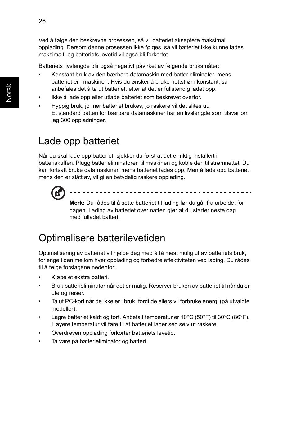 Lade opp batteriet, Optimalisere batterilevetiden | Acer Aspire V5-571G User Manual | Page 642 / 2484
