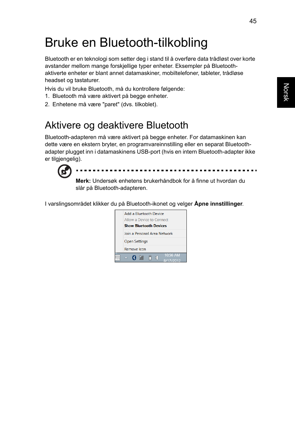 Bruke en bluetooth-tilkobling, Aktivere og deaktivere bluetooth | Acer Aspire V5-571G User Manual | Page 661 / 2484