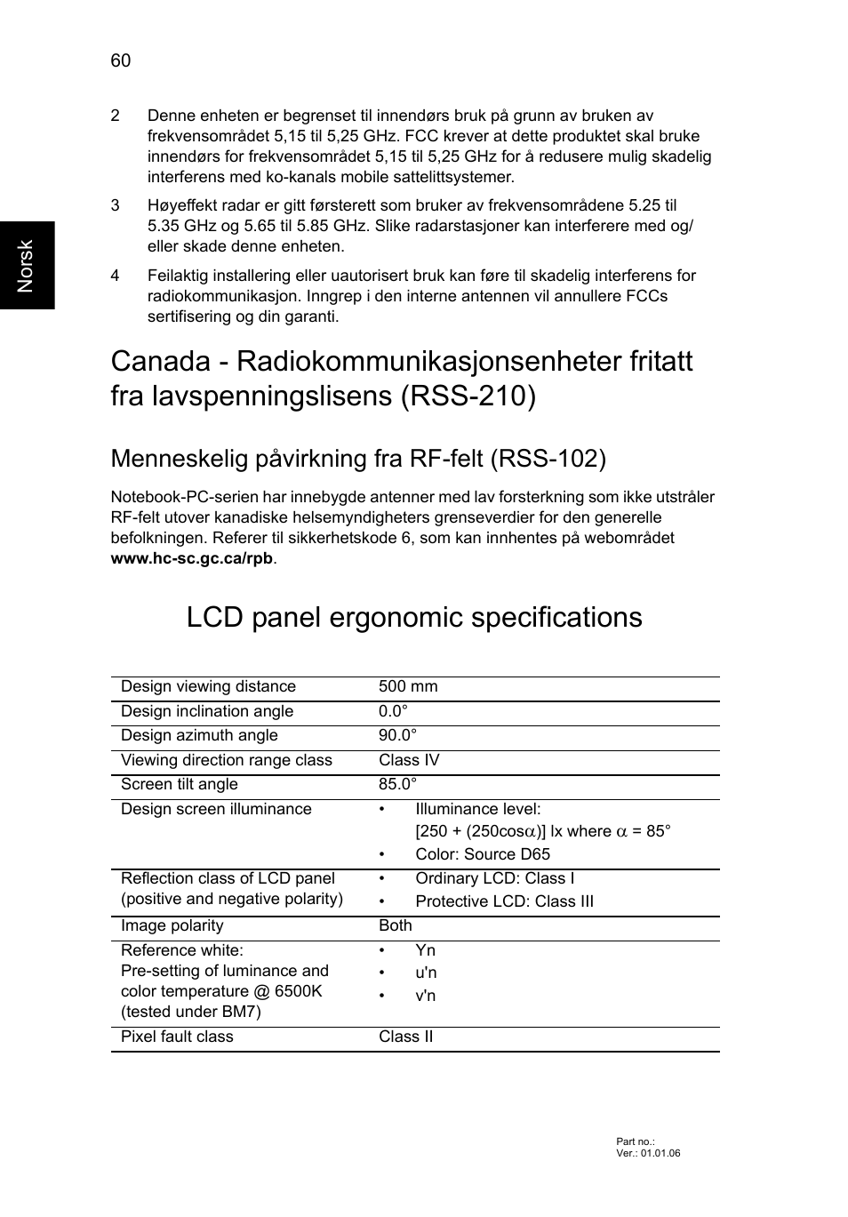 Lcd panel ergonomic specifications, Menneskelig påvirkning fra rf-felt (rss-102) | Acer Aspire V5-571G User Manual | Page 676 / 2484