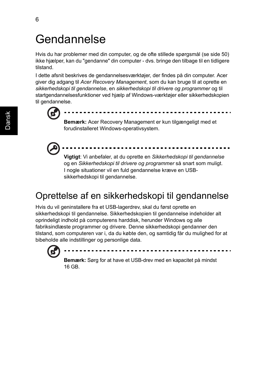 Gendannelse, Oprettelse af en sikkerhedskopi til gendannelse | Acer Aspire V5-571G User Manual | Page 702 / 2484