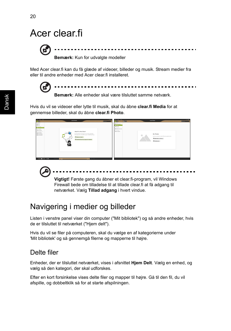 Acer clear.fi, Navigering i medier og billeder, Delte filer | Acer Aspire V5-571G User Manual | Page 716 / 2484