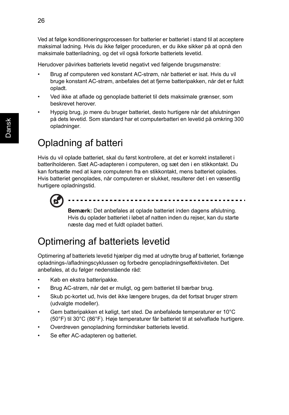 Opladning af batteri, Optimering af batteriets levetid | Acer Aspire V5-571G User Manual | Page 722 / 2484