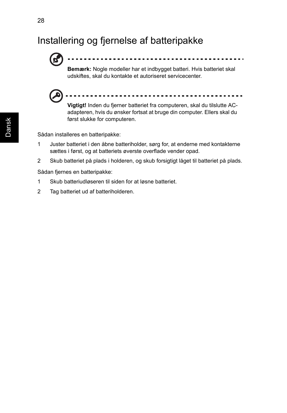 Installering og fjernelse af batteripakke | Acer Aspire V5-571G User Manual | Page 724 / 2484