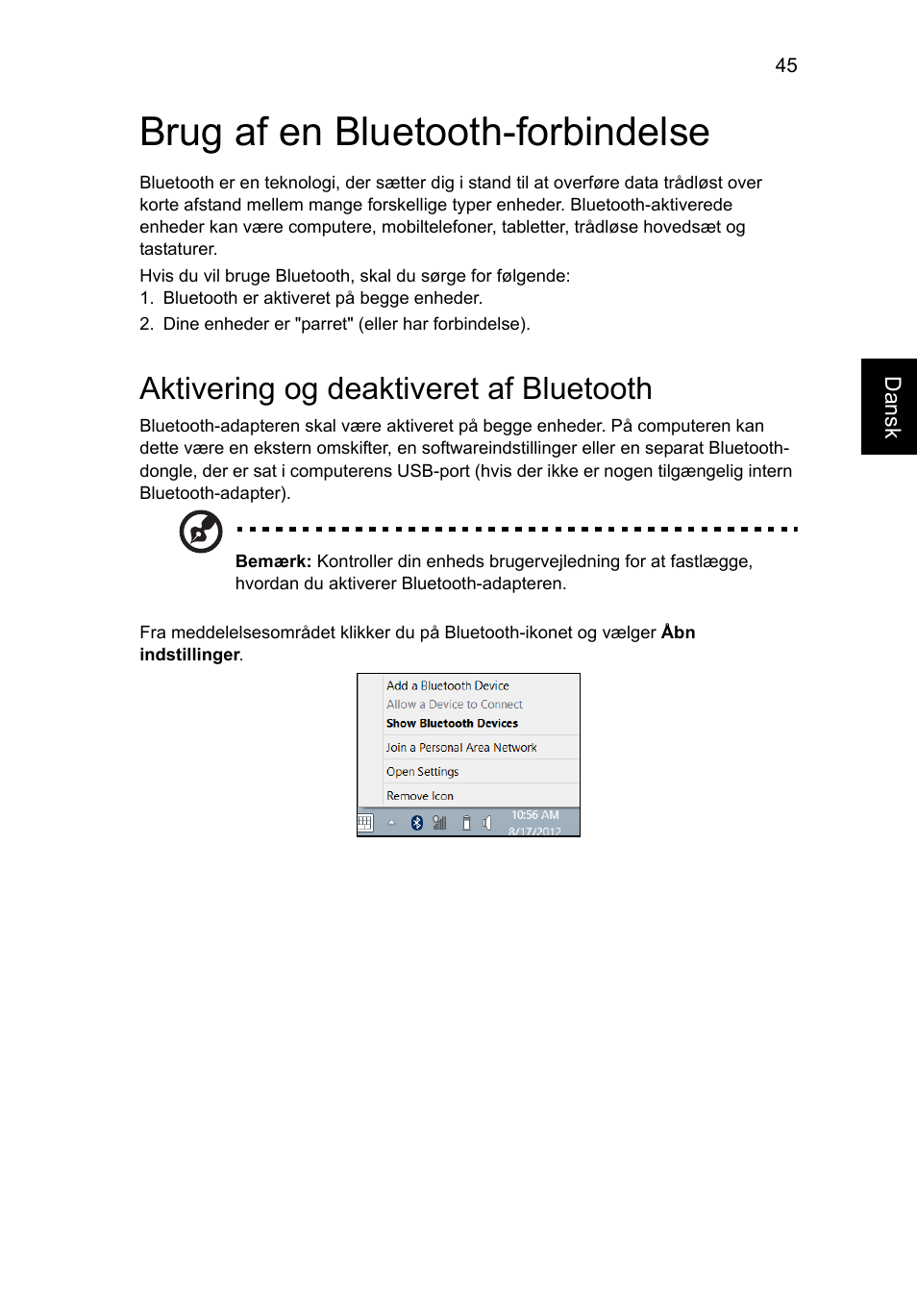 Brug af en bluetooth-forbindelse, Aktivering og deaktiveret af bluetooth | Acer Aspire V5-571G User Manual | Page 741 / 2484