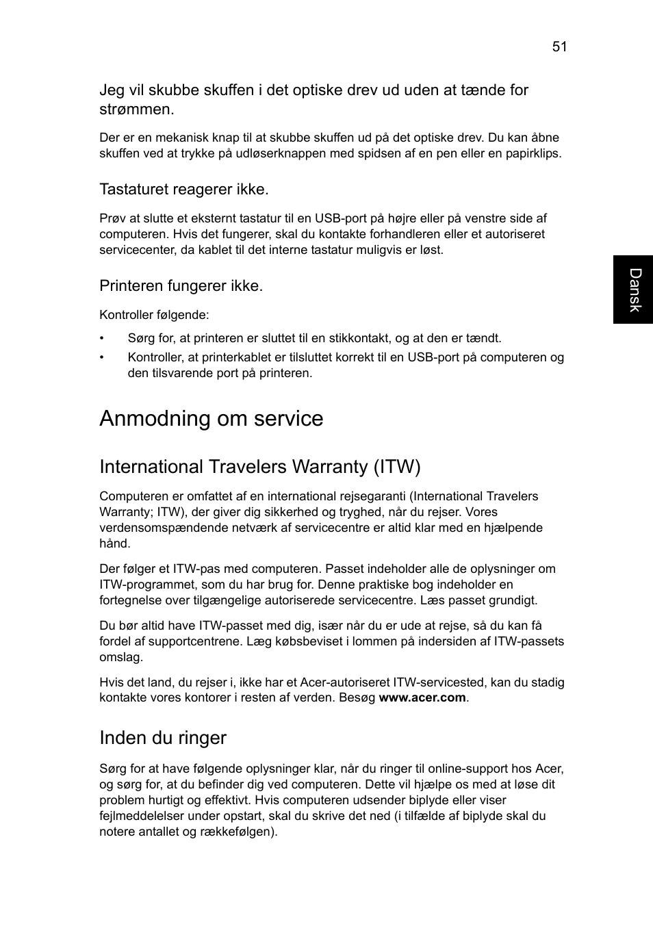 Anmodning om service, International travelers warranty (itw), Inden du ringer | Acer Aspire V5-571G User Manual | Page 747 / 2484