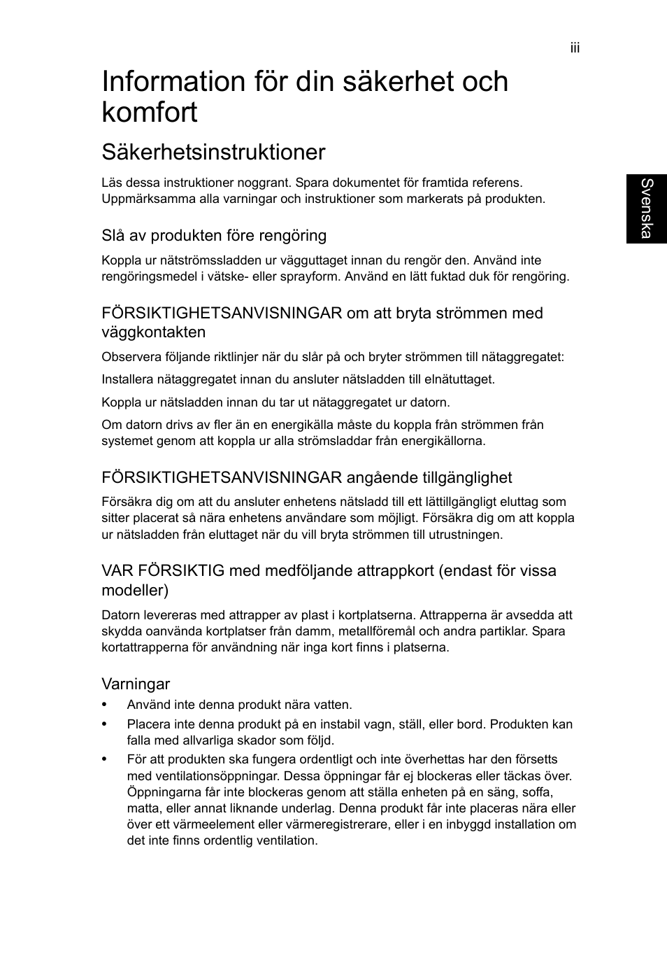 Information för din säkerhet och komfort, Säkerhetsinstruktioner | Acer Aspire V5-571G User Manual | Page 759 / 2484