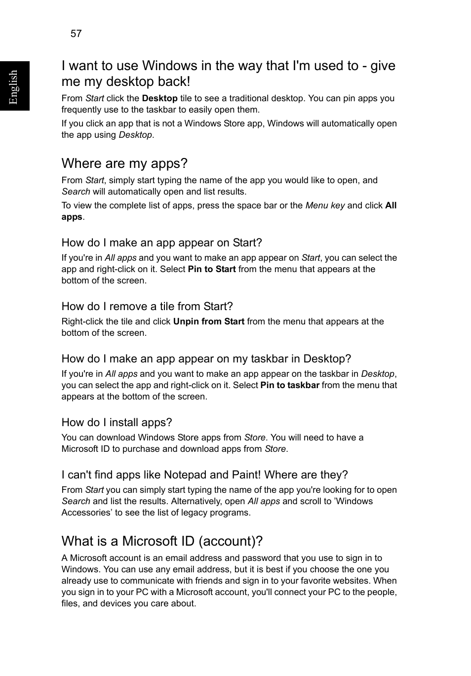 Where are my apps, What is a microsoft id (account) | Acer Aspire V5-571G User Manual | Page 78 / 2484