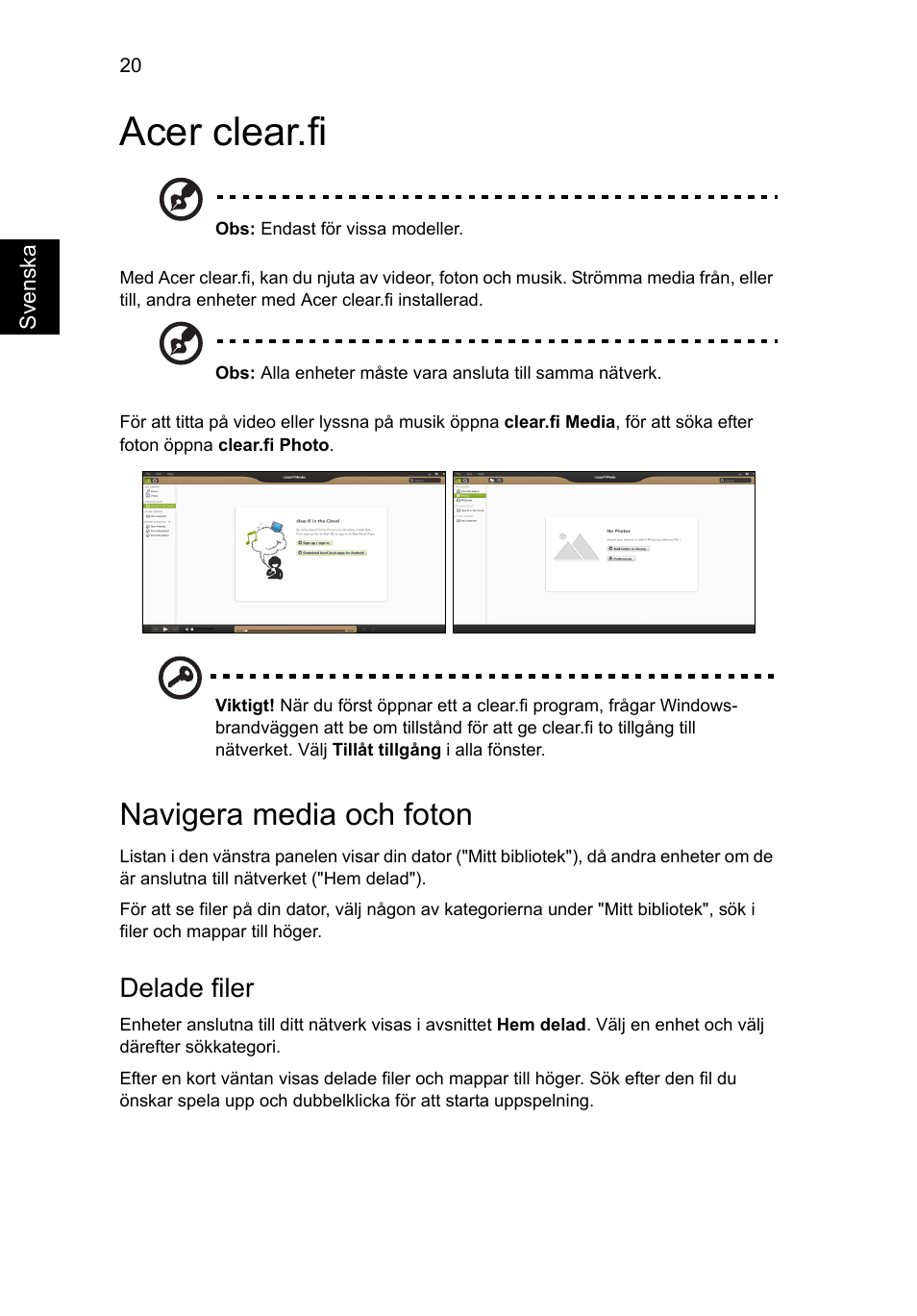 Acer clear.fi, Navigera media och foton, Delade filer | Acer Aspire V5-571G User Manual | Page 796 / 2484