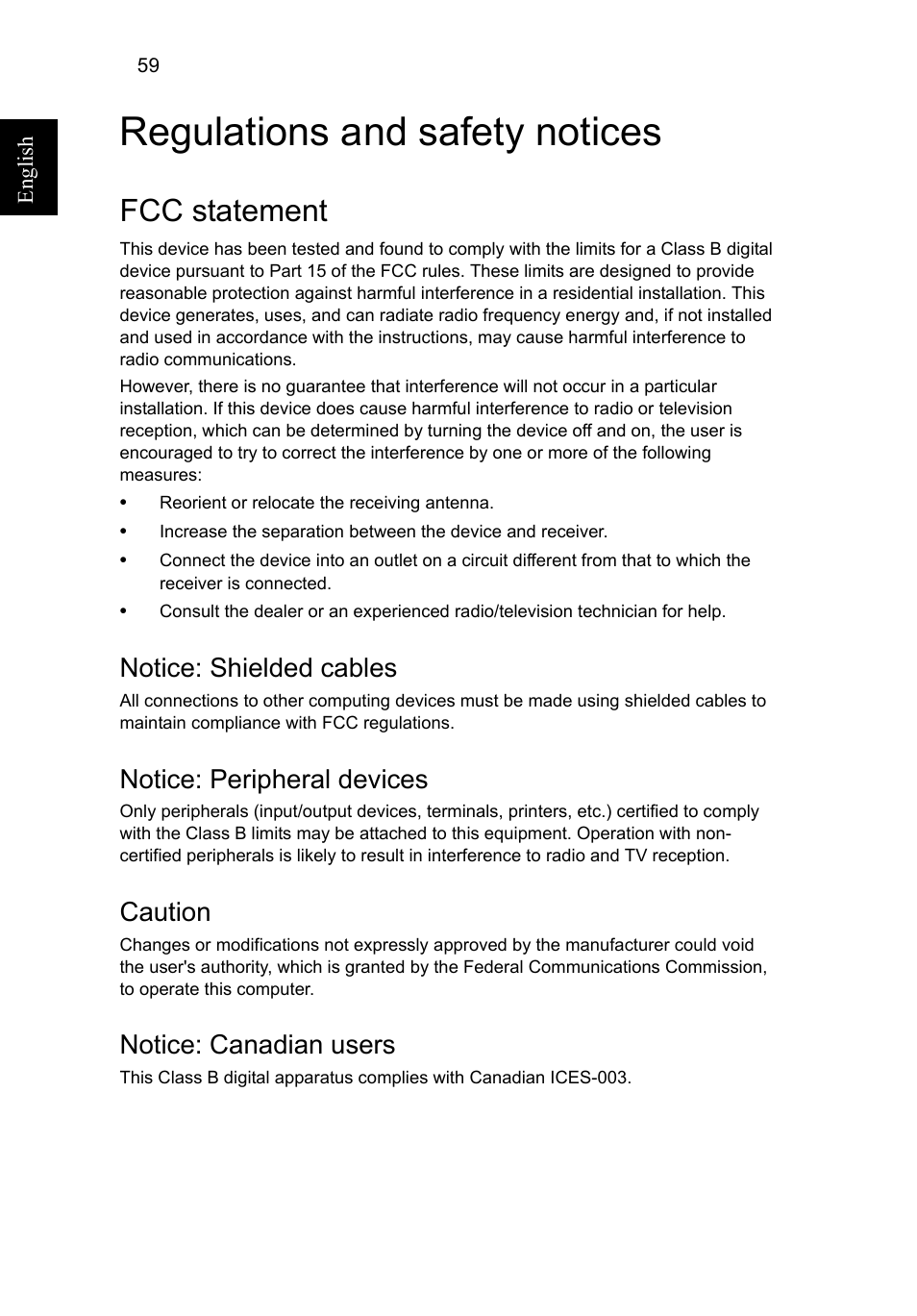 Regulations and safety notices, Fcc statement, Notice: shielded cables | Notice: peripheral devices, Caution, Notice: canadian users | Acer Aspire V5-571G User Manual | Page 80 / 2484