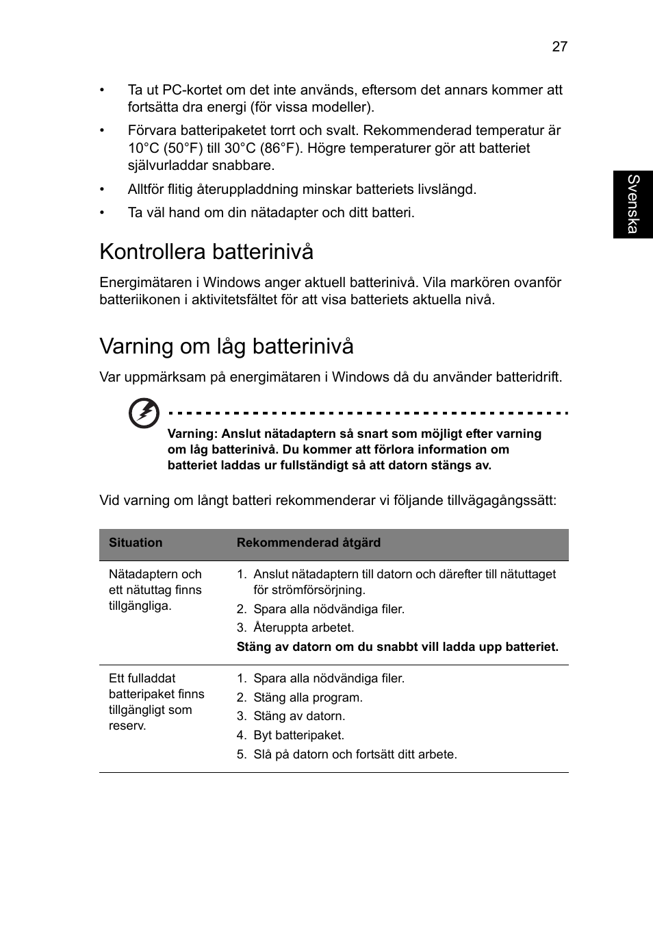 Kontrollera batterinivå, Varning om låg batterinivå | Acer Aspire V5-571G User Manual | Page 803 / 2484