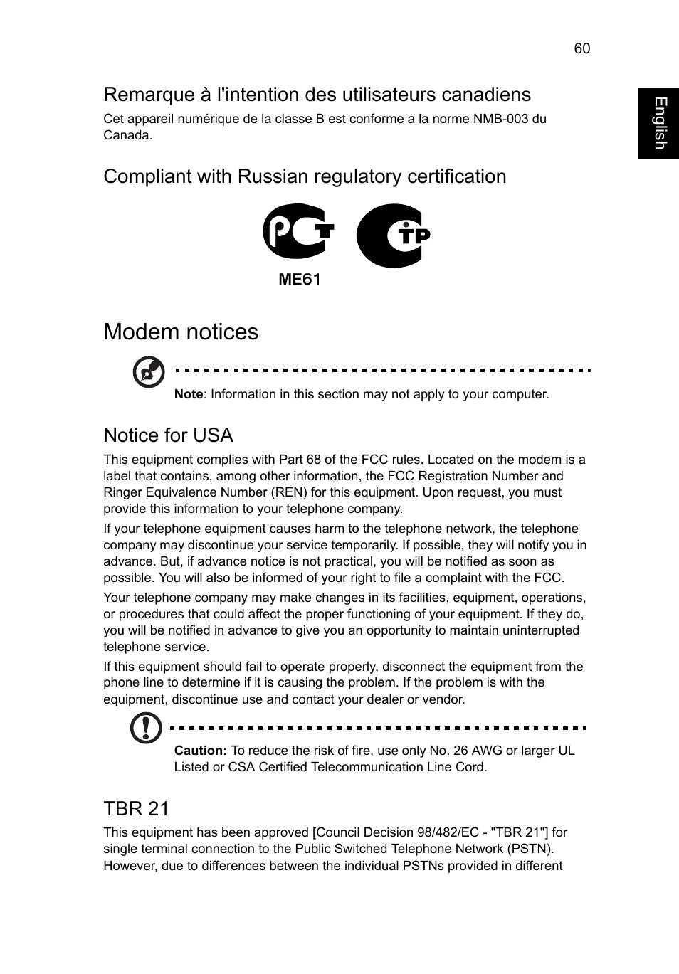 Modem notices, Remarque à l'intention des utilisateurs canadiens, Compliant with russian regulatory certification | Notice for usa, Tbr 21 | Acer Aspire V5-571G User Manual | Page 81 / 2484