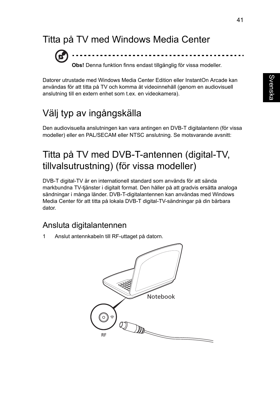 Titta på tv med windows media center, Välj typ av ingångskälla, Ansluta digitalantennen | Acer Aspire V5-571G User Manual | Page 817 / 2484