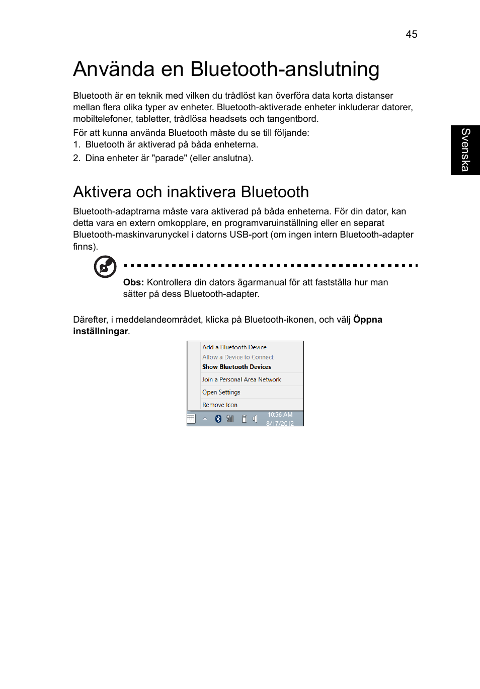 Använda en bluetooth-anslutning, Aktivera och inaktivera bluetooth | Acer Aspire V5-571G User Manual | Page 821 / 2484