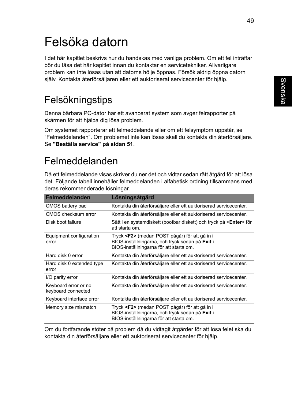 Felsöka datorn, Felsökningstips, Felmeddelanden | Sv enska | Acer Aspire V5-571G User Manual | Page 825 / 2484