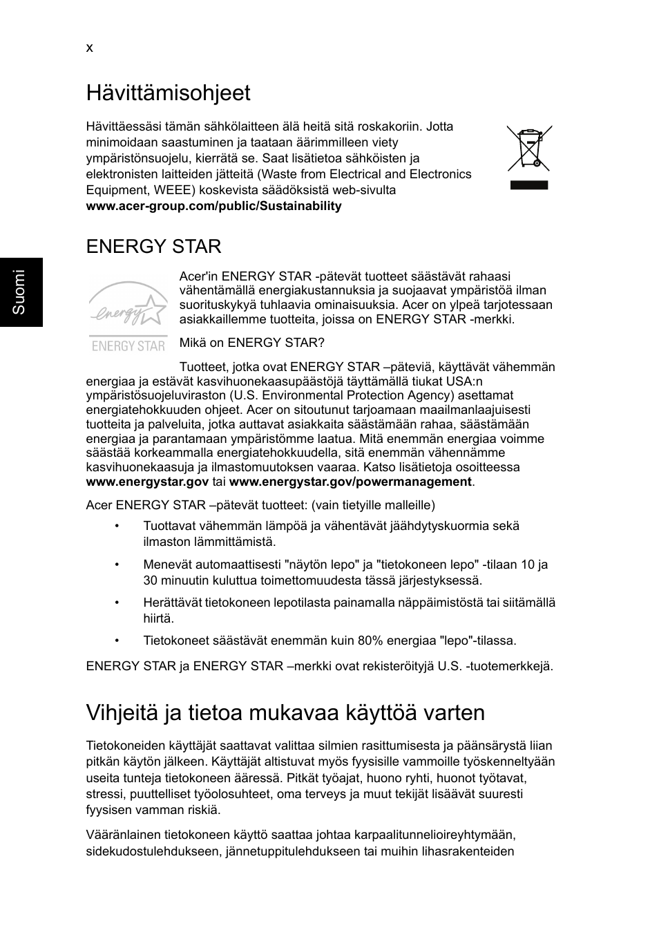 Hävittämisohjeet, Vihjeitä ja tietoa mukavaa käyttöä varten, Energy star | Acer Aspire V5-571G User Manual | Page 848 / 2484