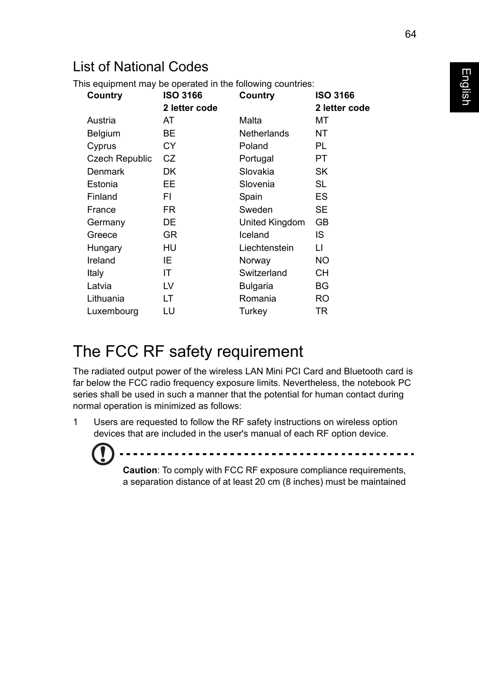 The fcc rf safety requirement, List of national codes | Acer Aspire V5-571G User Manual | Page 85 / 2484