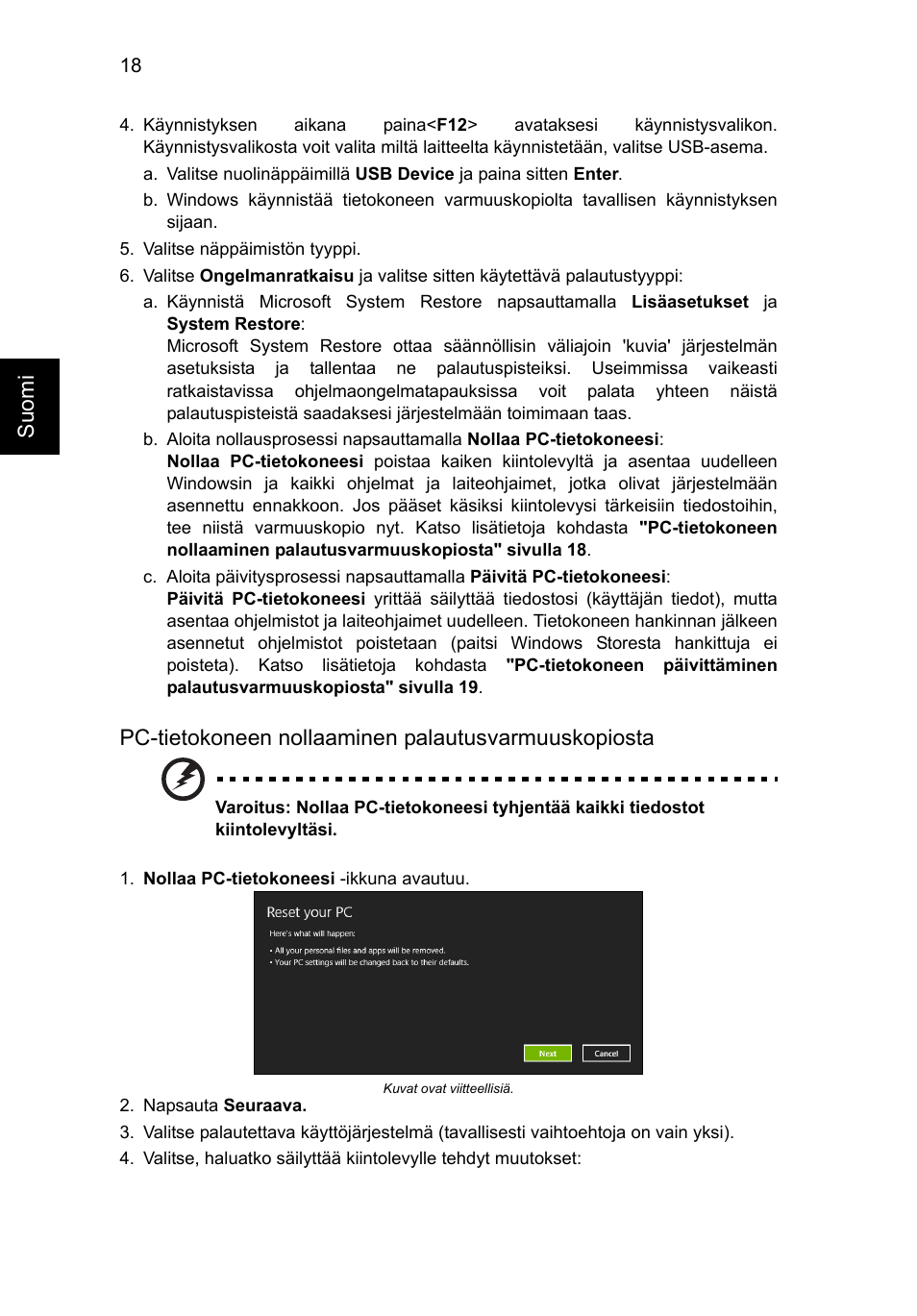 Su omi, Pc-tietokoneen nollaaminen palautusvarmuuskopiosta | Acer Aspire V5-571G User Manual | Page 876 / 2484