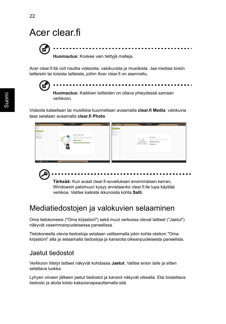 Acer clear.fi, Mediatiedostojen ja valokuvien selaaminen, Jaetut tiedostot | Acer Aspire V5-571G User Manual | Page 880 / 2484