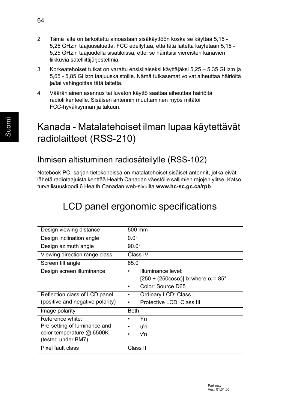 Lcd panel ergonomic specifications, Ihmisen altistuminen radiosäteilylle (rss-102) | Acer Aspire V5-571G User Manual | Page 922 / 2484