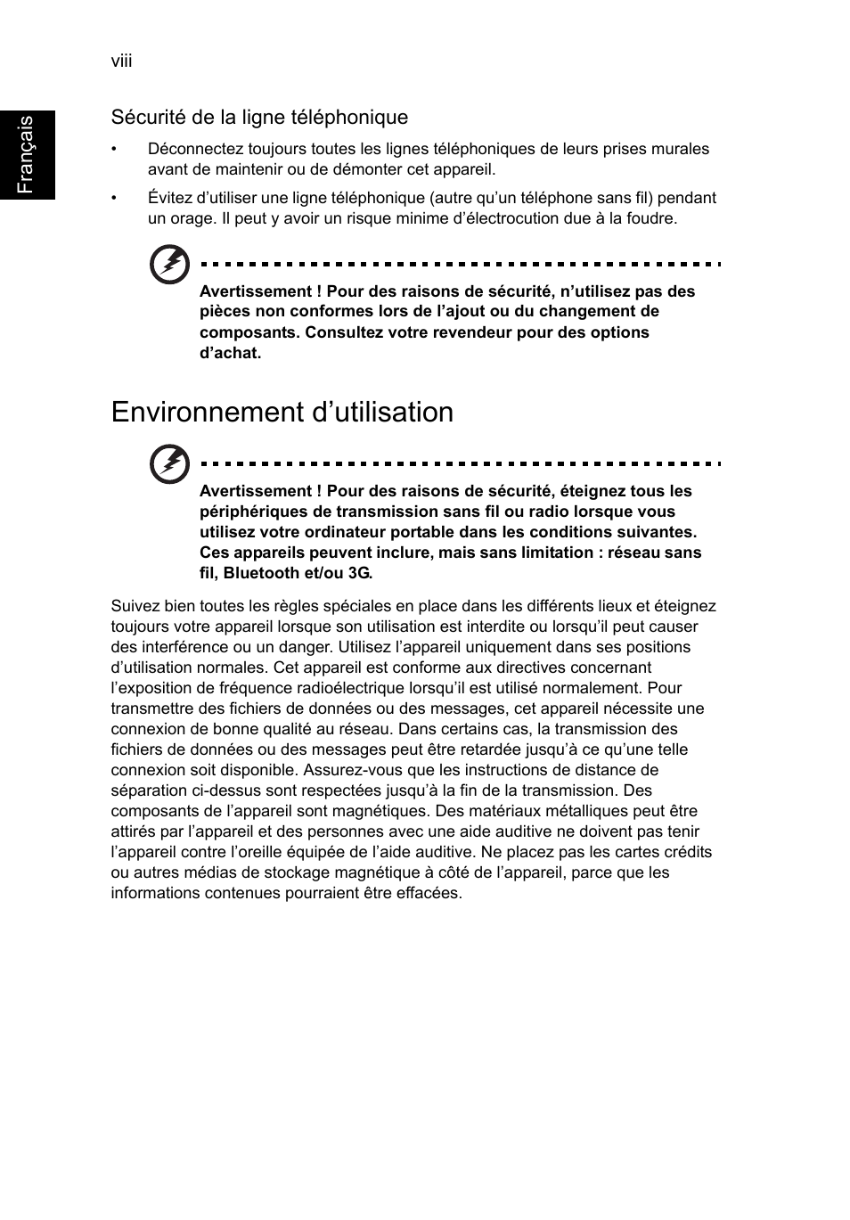 Environnement d’utilisation | Acer Aspire V5-571G User Manual | Page 96 / 2484