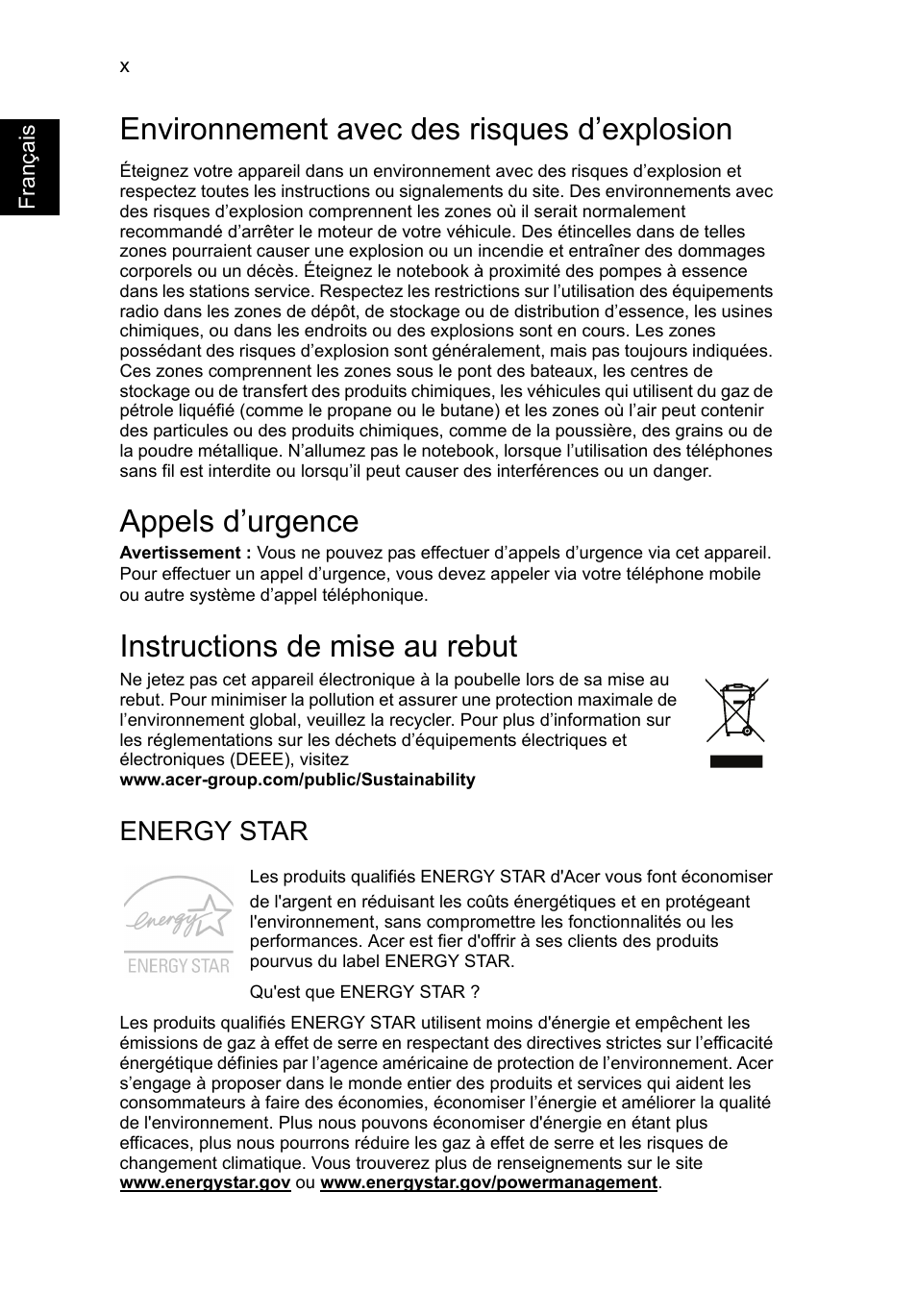 Environnement avec des risques d’explosion, Appels d’urgence, Instructions de mise au rebut | Energy star | Acer Aspire V5-571G User Manual | Page 98 / 2484