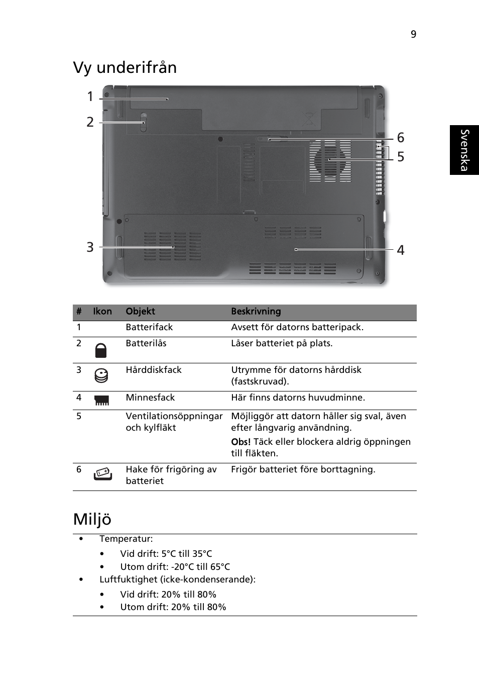 Vy underifrån, Miljö, Vy underifrån miljö | Acer Aspire 4741ZG User Manual | Page 103 / 313
