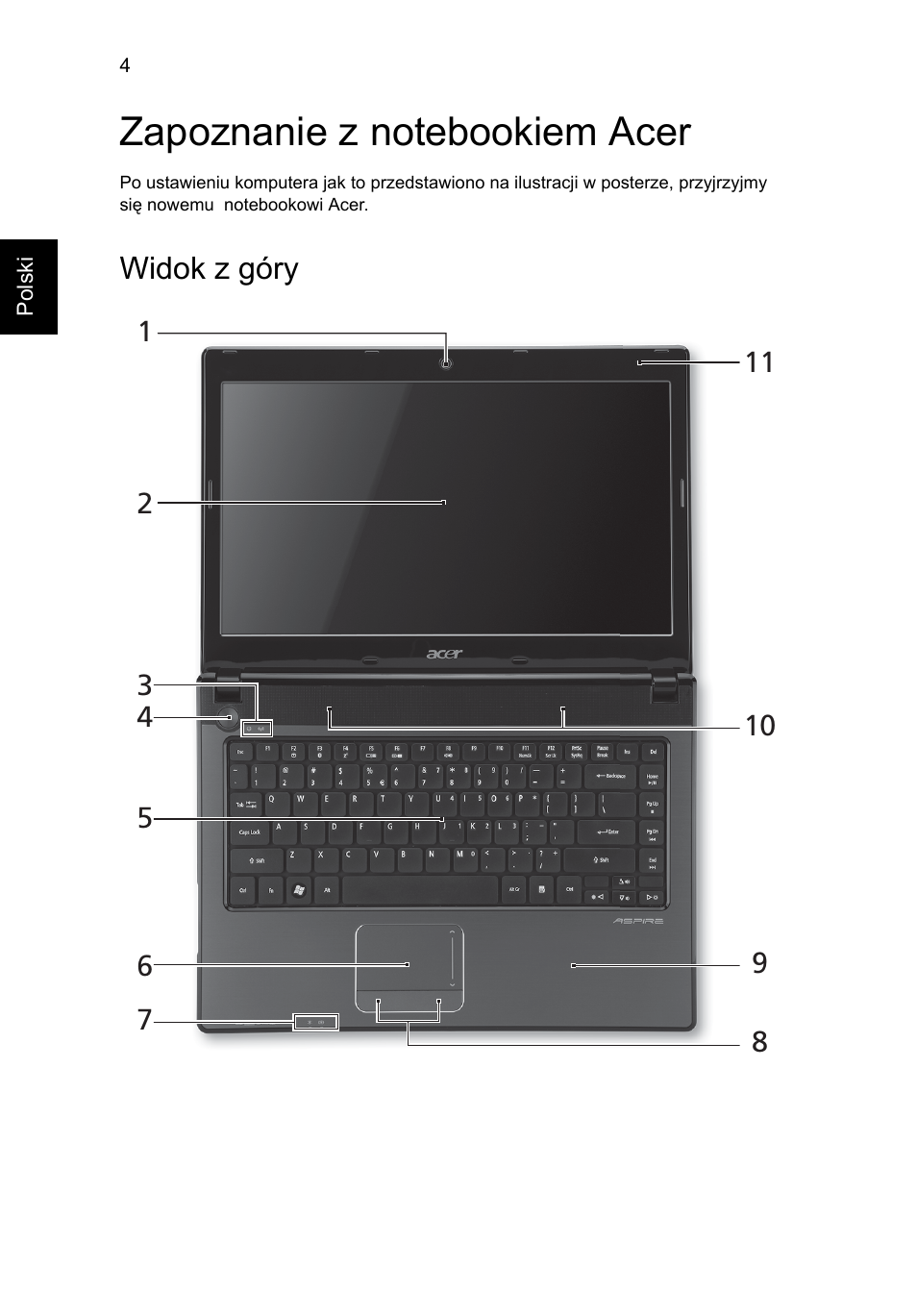 Zapoznanie z notebookiem acer, Widok z góry | Acer Aspire 4741ZG User Manual | Page 128 / 313