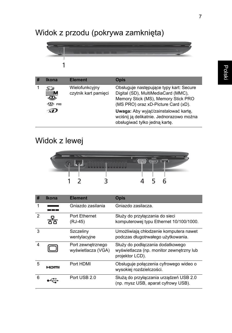 Widok z przodu (pokrywa zamknięta), Widok z lewej, Widok z przodu (pokrywa zamknięta) widok z lewej | Acer Aspire 4741ZG User Manual | Page 131 / 313